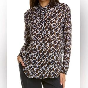 Theory Jasper Silk Classic Straight Button Up Blouse Shirt Multicolor XS (P)